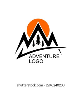 ilustración vector logotipo de aventura con 3 montaje y puesta de sol sobre fondo blanco