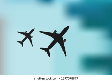 illustration vector of aeroplane silhouette in the blue sky and white cloud.
