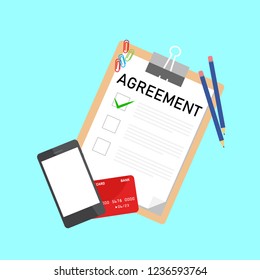 Illustration vector: Agreement form including smartphone, credit card and pencil