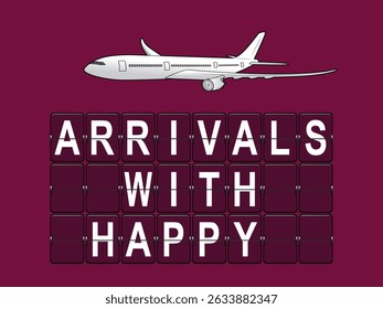 Vector de ilustración de la plataforma de la terminal de las aerolíneas con llegadas de avión y texto con feliz 