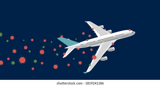 Illustration Vector, Airplane Try To Escape Coronavirus, Impact Of Covid-19 On Aviation And Airport Industry, Aircraft With Group Of Virus As Contrails, Concept Of Healthcare In Pandemic Situation.