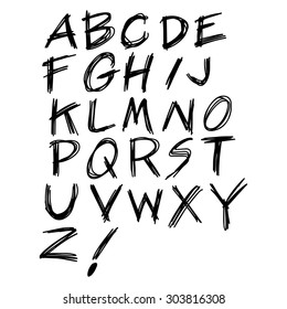 illustration vector alphabet. Hand drawn english uppercase  letters. The letters are drawn with a black ink pen with exclamation mark.