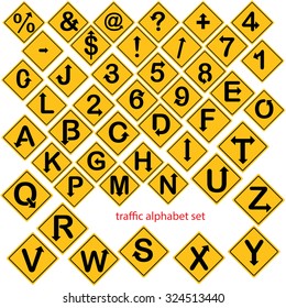 illustration vector of alphabet and number set in yellow road signs or traffic signs isolated