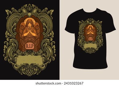 Illustration vector angels praying at the tombstone on T shirt mockup