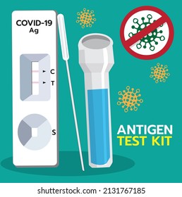 illustration vector Antigen test kit with text and virus on green background.