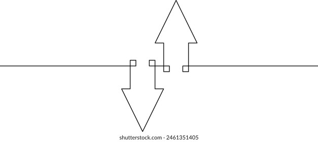 Vector de ilustración de flecha arriba y abajo. Dibujo de línea continua de gráfico. símbolo de signo de crecimiento del negocio. arte de línea única de flecha creciente. objeto una línea de icono plano