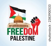 Illustration vector art of al-Aqsa mosque with Palestine flag and Freedom Palestine typography with red and black fisted hand.