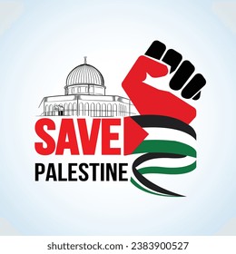 Ilustración vectorial arte de la mezquita al-Aqsa y la tipografía de Save Palestine con la mano pegada ondeando la bandera palestina.