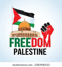Illustration Vektorkunst der al-Aqsa Moschee mit palästinensischer Flagge und Freedom Palestine Typografie mit roter und schwarzer Fisterhand.