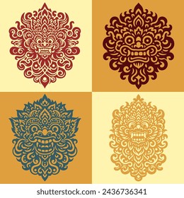 Illustrationsvektorkunst des Barong Bali Illustrationsmusters. Perfekt für traditionelles Firmenlogo-Design. Entworfen von Dekreatif.