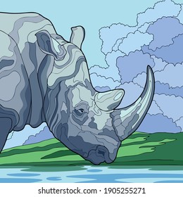 Illustration vector art of an endangered one-horned rhinoceros
