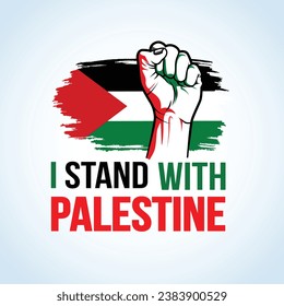 Illustration vector art of Palestine flag with Protester fisted hand and I stand with Palestine typography.