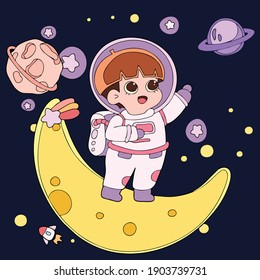 Illustration vector art of young children standing on the crescent moon among other celestial objects