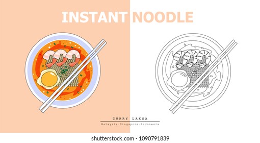 Illustration vector Asian instant noodles soup in bowl with chopsticks top view on  table at home