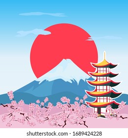 Illustration vector with an Asian temple and mountains. Japan, cherry blossom, Mount Fuji