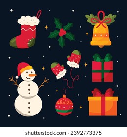 Illustration vector asset for Merry Christmas Holiday New Year 2024 with snowman, leaf, socks, bells, ball, and gift box doodle cute package set