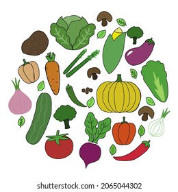 Illustration vector of assorted vegetables such as carrots, onions, pumpkin, eggplant, asparagus, tomatoes, lettuce, cucumbers, mushrooms, broccoli, etc perfect for advertisements, magazines, stickers