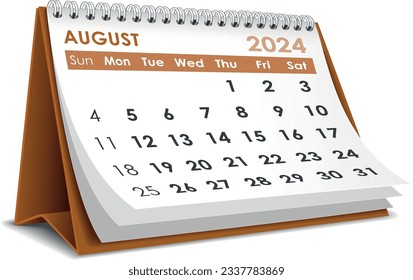 Illustration vector of  August 2024 Calendar isolated in white background, made in Adobe illustrator
