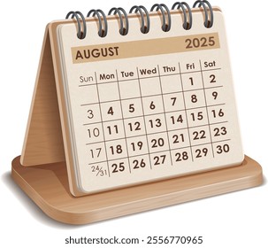 Illustration vector of August 2025 WOODEN and cardboard Calendar isolated in white background, made in Adobe illustrator