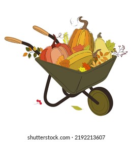 Illustration of the vector of the autumn harvest, pumpkin in a cart. Agriculture, cultivation of natural food, the concept of agriculture. Harvest season with eco-pumpkins. Thanksgiving Day. Colorful