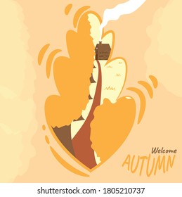 Vector de ilustración de hoja de otoño. casa de madera en hojas de otoño. casa de madera con chimenea situada en medio del bosque. bosque de otoño en otoño 