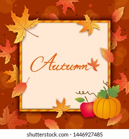 Illustration vector of Autumn season design with maple leaf apple and pumpkin on frame.