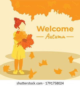 Illustration vector of autumn season with a little girl collecting leaves