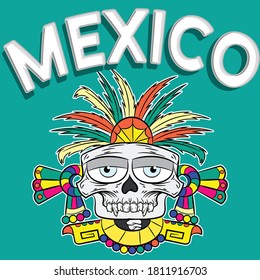 Gráfico de ilustraciones cráneo azteca con texto méxico y diseño de moda de plumas con fondo