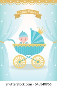 Illustration vector of baby boy sitting on prince baby carriage decorated with curtain in the room design for new born girls to baby shower invitation and greeting card.