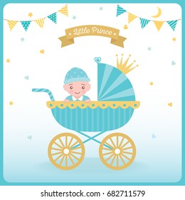 Illustration vector of baby boy sitting on prince baby carriage or stroller decorated with buntings design for new born boy to baby shower invitation and greeting card.