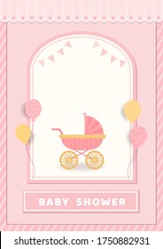 Illustration vector of Baby Shower card design with stroller on pink background.