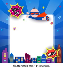 Illustration vector of Baby shower design with super hero boy on blue background.