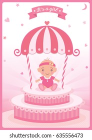 Illustration vector of baby shower greeting card for new born girls decorated with princess castle on pink background.