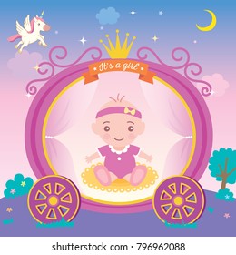 Illustration vector of baby shower greeting card for new born girls decorated with princess cart and crown on night background with unicorn and moon.