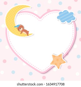 Illustration vector of baby shower template design with bear on the moon design with heart frame and on polka dot background.