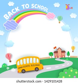 Illustration vector of Back to School design with school bus and rainbow on nature background.