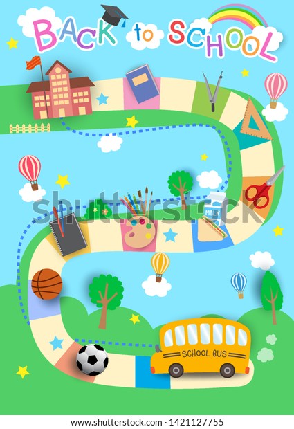 Illustration vector of Back to School design\
with school bus and stationery to game\
idea.
