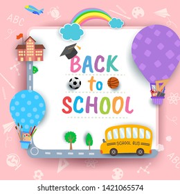 Illustration vector of Back to School pink background design with school bus and stationery on balloons on frame.