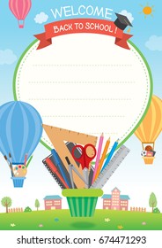 Illustration vector of back to school template with balloons for concept design decorated by stationery, art supplies and sports equipment on school background.