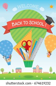 Illustration vector of back to school template with balloons for concept design decorated by stationery, art supplies and sports equipment on school background.