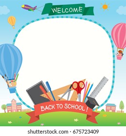 Illustration vector of back to school template decorated with balloons for concept design decorated by stationery, art supplies and sports equipment on school background.
