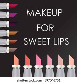  Illustration vector background with colorful cartoon lipstick and painted the words "Makeup for sweet lips"