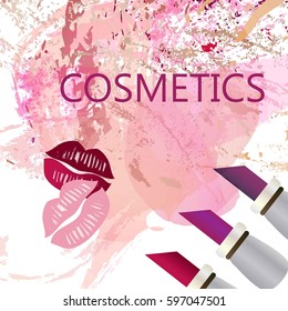  Illustration vector background with colorful cartoon lips, lipstick 