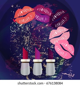 Illustration vector background with colorful cartoon lips, lipstick on a dark blue background