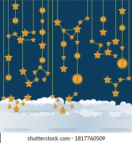 illustration vector of background night constellation hangging. hangging backdrop. goodnight background. wallpaper night. blue wallpaper with star and moon