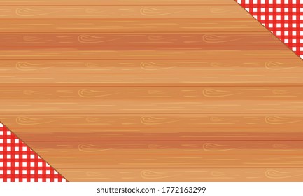 ilustración fondo vectorial de mesa de madera con manteles de cuadros rojos y blancos para la cena en casa, cocina en mesa de cocina, banner de producto casero natural como concepto