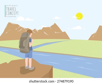 Illustration vector backpacker standing on a cliff looking out to the landscape mountains view. On a clear day flat style.