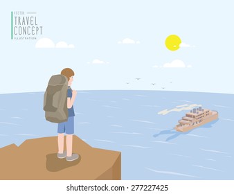 Illustration vector backpacker standing on a cliff looking out to the sea and ferry boat. On a clear day flat style.