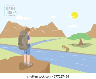 Illustration vector backpacker standing on a cliff looking out to the landscape mountains view and animal. On a clear day flat style.