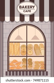 Illustration vector of Bakery cafe front shop design with awning and brick wall decorated with bread products on window shelf 